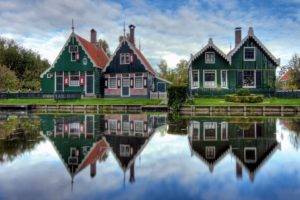 architecture, House, Netherlands, Water, Trees, Garden, Grass, Village, Reflection, Clouds