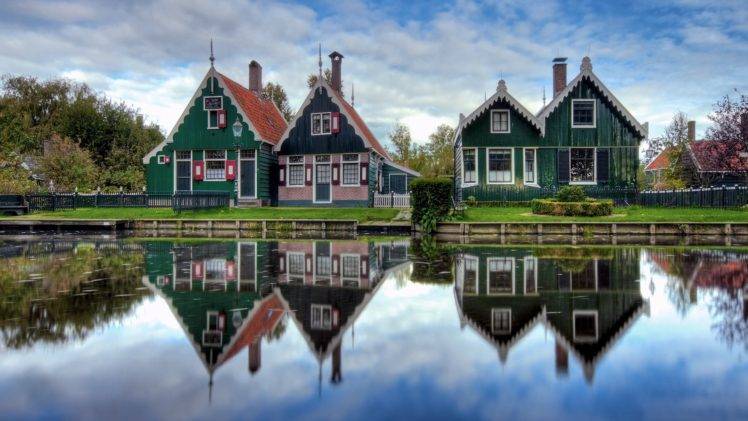 architecture, House, Netherlands, Water, Trees, Garden, Grass, Village, Reflection, Clouds HD Wallpaper Desktop Background