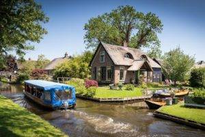 Tourism, People, Architecture, House, Netherlands, Water, Trees, Garden, Grass, Village, Boat, Flowers, Canal, Summer