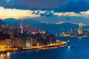 photography, Dusk, City, Urban, Building, Skyscraper, Water, Sea, Lights, Hong Kong