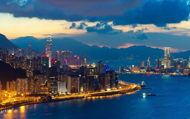 photography, Dusk, City, Urban, Building, Skyscraper, Water, Sea, Lights, Hong Kong HD Wallpaper Desktop Background