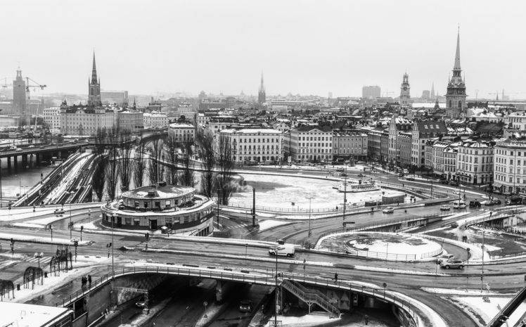 photography, Urban, Building, Monochrome, Cityscape, Church, Winter, Ice, Stockholm, Water HD Wallpaper Desktop Background