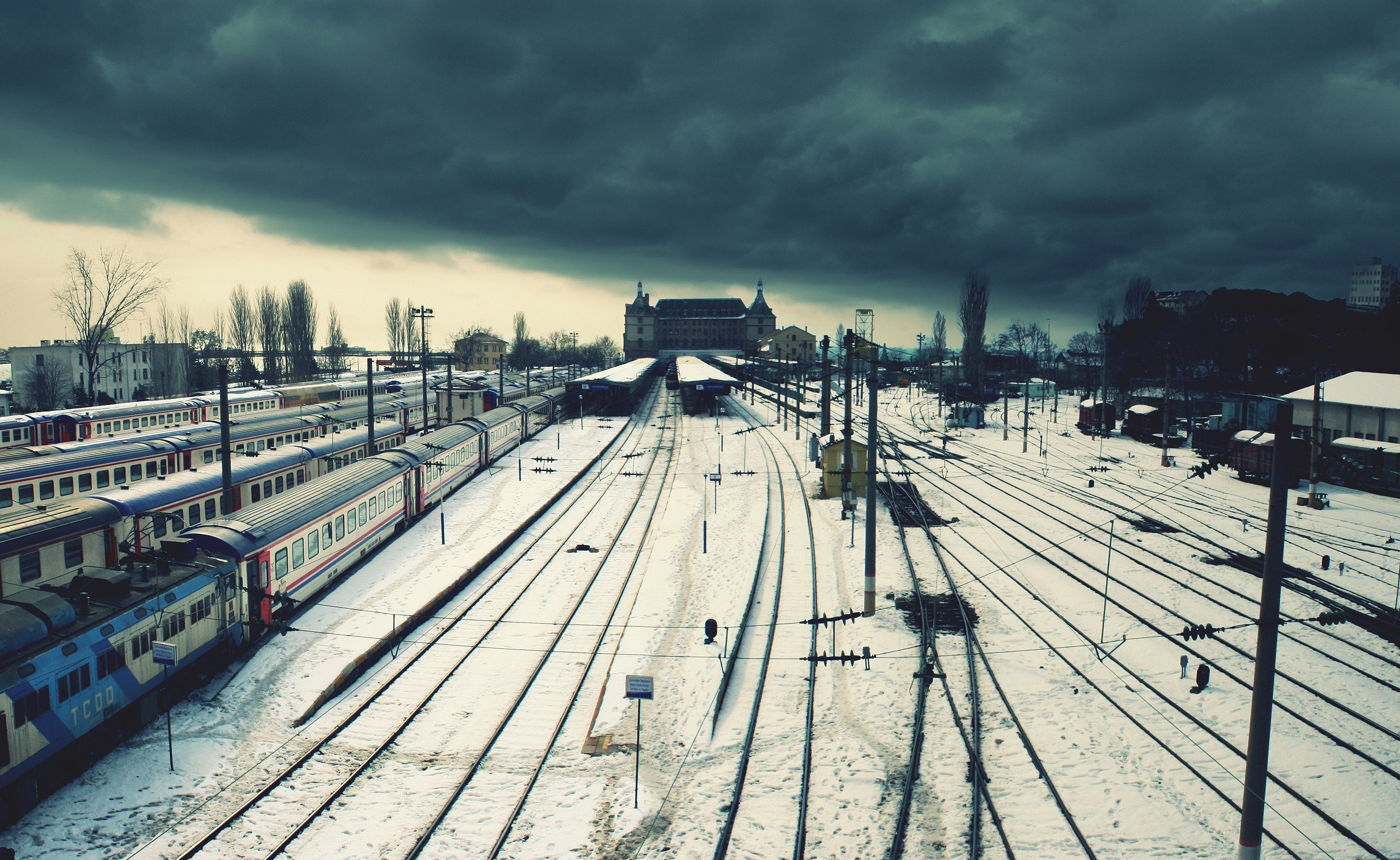 photography, Train station, Train, Railway, Snow, Winter Wallpaper