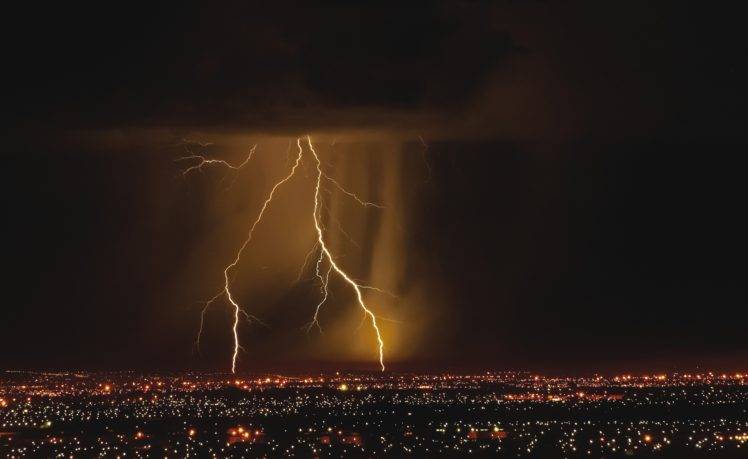 photography, Cityscape, Storm, Lightning, Clouds, Night, Lights HD Wallpaper Desktop Background