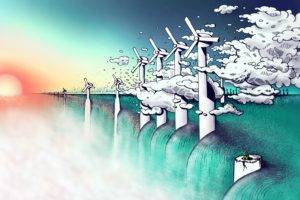 artwork, Wind turbine, Clouds, Sun, Water