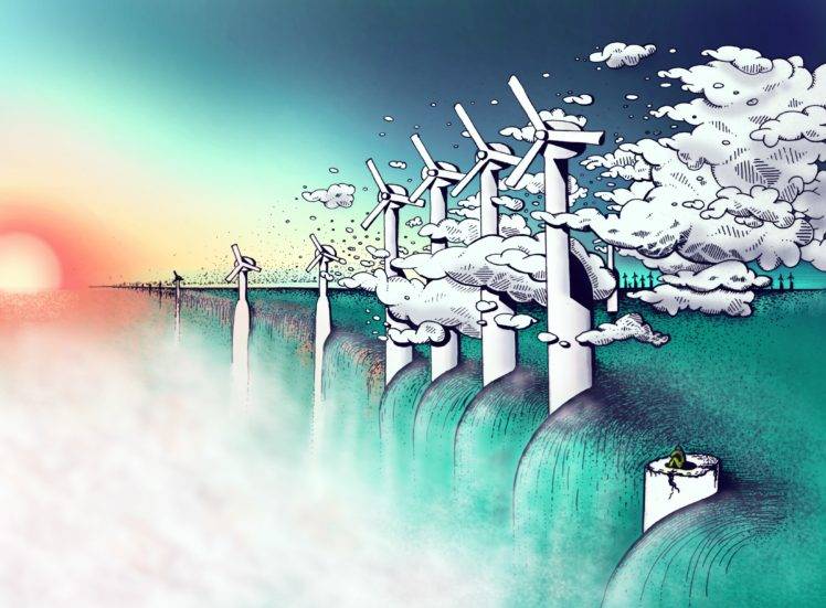 artwork, Wind turbine, Clouds, Sun, Water HD Wallpaper Desktop Background