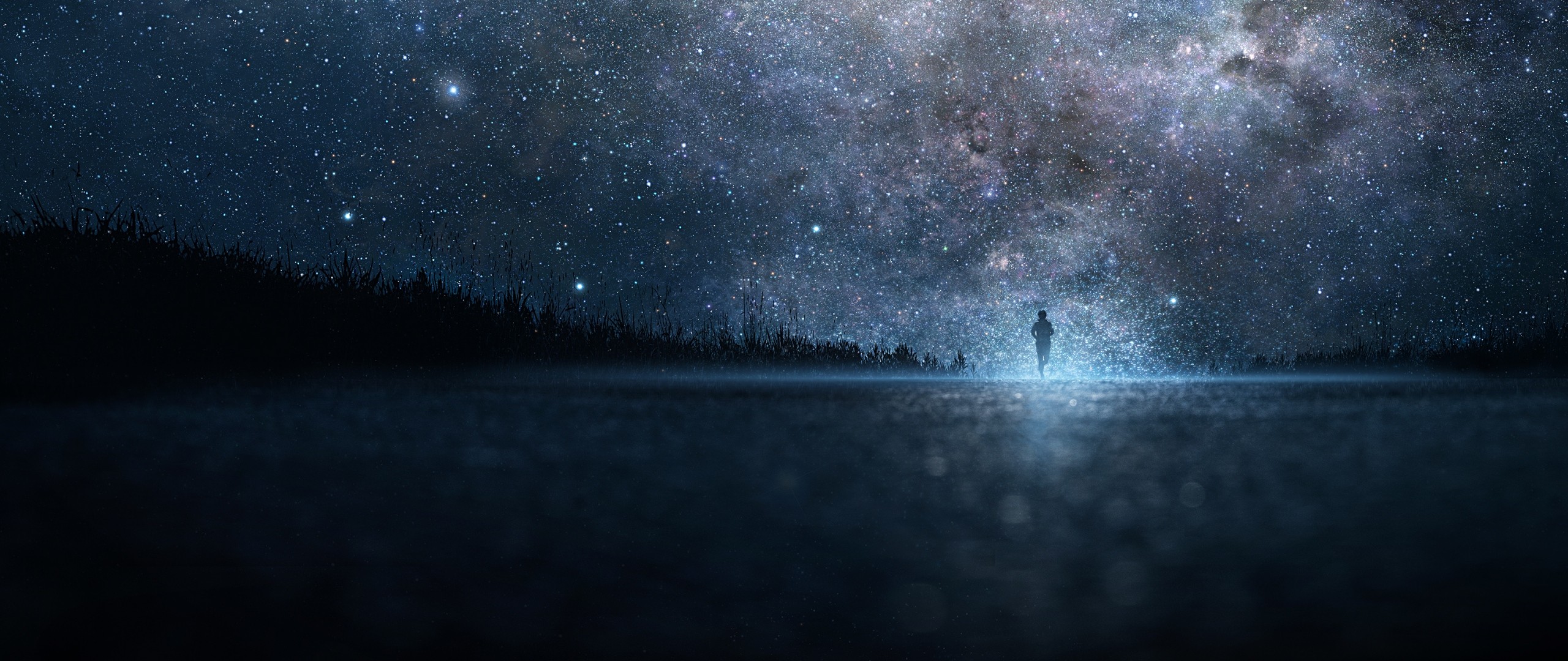 night sky, Nebula, Stars, Horizon, Silhouette Wallpaper