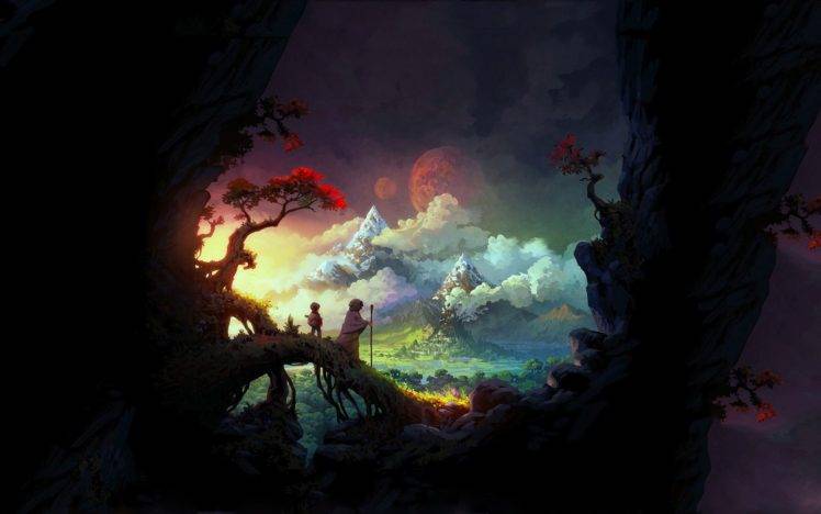 mountain, Planet, Clouds, City, Fantasy art, Trees, Sun HD Wallpaper Desktop Background