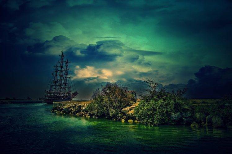 fantasy art, Sea, Clouds, Ship HD Wallpaper Desktop Background