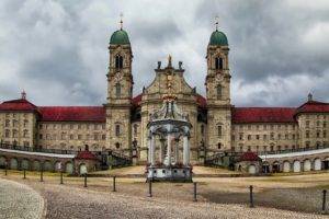 architecture, Building, Castle, Clouds, Tower, Trees, Clock tower, Switzerland, Mirrored, Sculpture, Christianity, Crown, Arch
