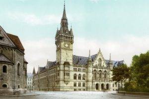architecture, Building, Castle, Clouds, Tower, Trees, City, Braunschweig, Germany, Church, Colorized photos, History, Old, Town square, Empty, Old photos