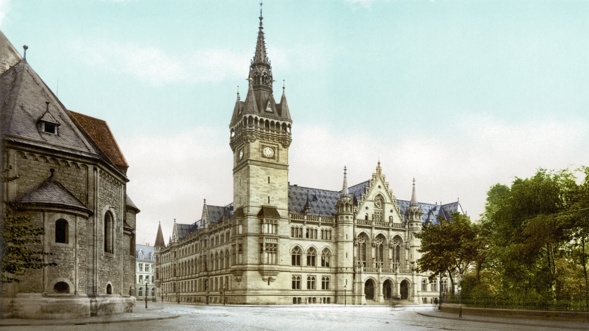 architecture, Building, Castle, Clouds, Tower, Trees, City, Braunschweig, Germany, Church, Colorized photos, History, Old, Town square, Empty, Old photos Wallpaper