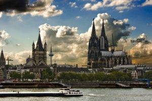 architecture, Building, Castle, Clouds, Tower, Trees, Cologne, Cologne Cathedral, Germany, City, Cityscape, River, Ship, House, Cranes (machine), Antenna