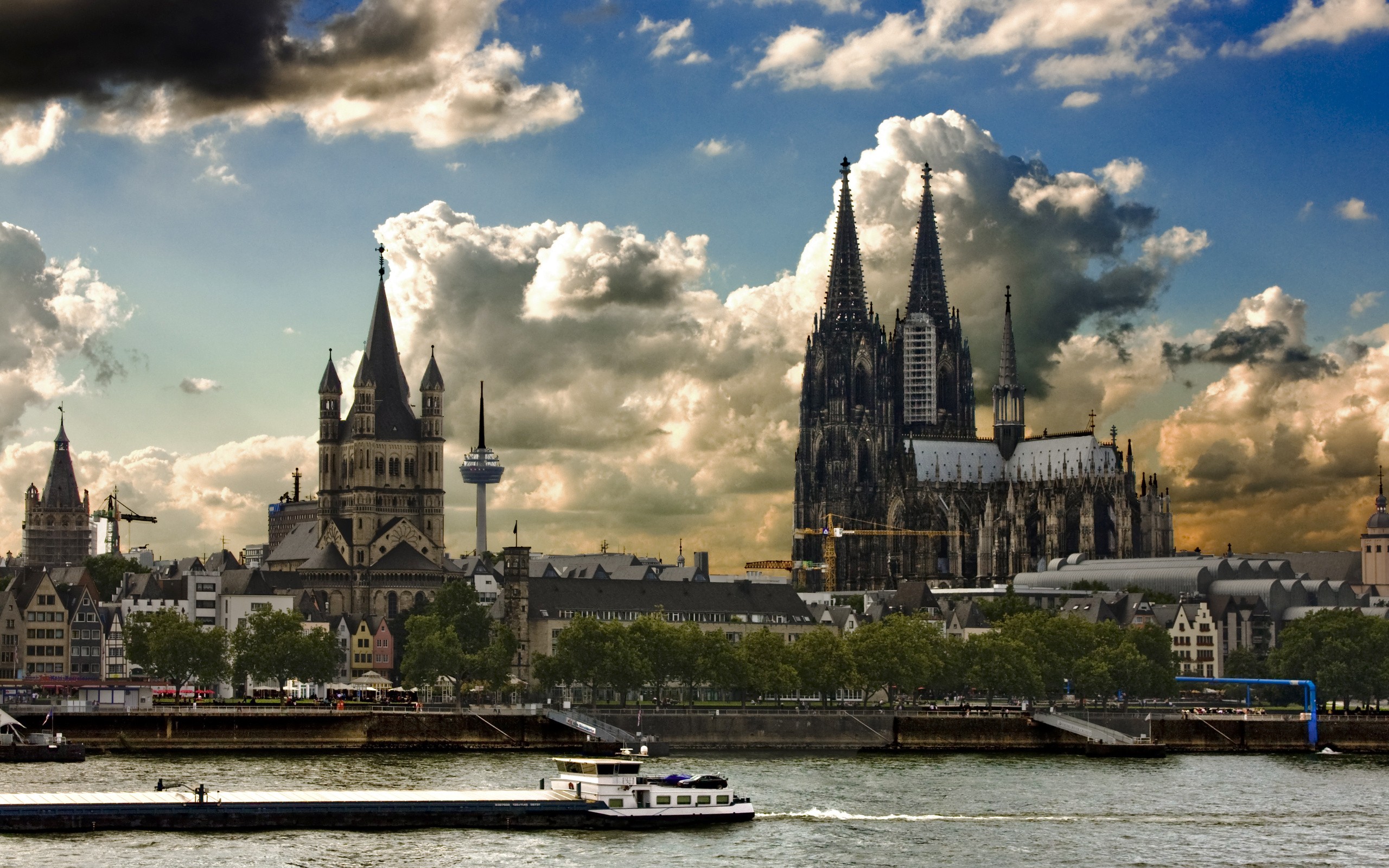 architecture, Building, Castle, Clouds, Tower, Trees, Cologne, Cologne Cathedral, Germany, City, Cityscape, River, Ship, House, Cranes (machine), Antenna Wallpaper