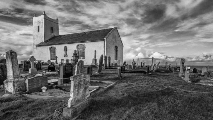 architecture, Monochrome, Grass, Clouds, Church, Cemetery, Grave, England, UK, Cross, HDR, Old HD Wallpaper Desktop Background