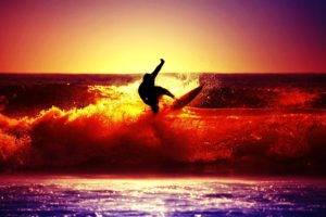 surfers, Photography, Sea, Water, Sunset, Waves, Depth of field