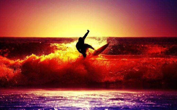 surfers, Photography, Sea, Water, Sunset, Waves, Depth of field HD Wallpaper Desktop Background