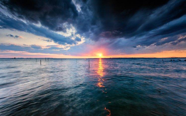 water, Sunset, Storm HD Wallpaper Desktop Background