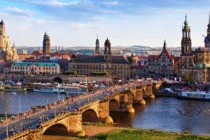 crowds, Architecture, City, Cityscape, Trees, Building, Dresden, Germany, Bridge, Old bridge, Old building, Church, Cathedral, Tower, Ship, Water, River, Clouds