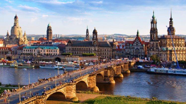 crowds, Architecture, City, Cityscape, Trees, Building, Dresden, Germany, Bridge, Old bridge, Old building, Church, Cathedral, Tower, Ship, Water, River, Clouds HD Wallpaper Desktop Background