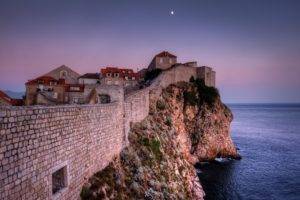 architecture, House, Town, Old, Old building, Dubrovnik, Evening, Croatia, Stone house, Walls, Sea, Moon, Horizon, Rock, Stones
