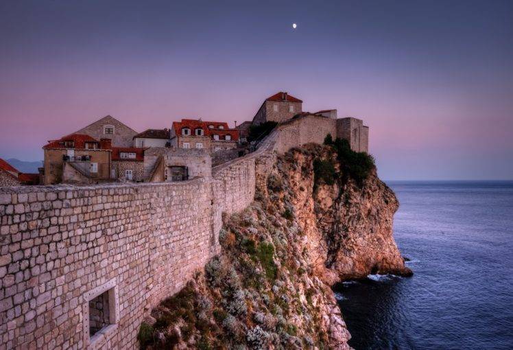 architecture, House, Town, Old, Old building, Dubrovnik, Evening, Croatia, Stone house, Walls, Sea, Moon, Horizon, Rock, Stones HD Wallpaper Desktop Background