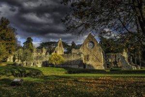 architecture, House, Town, Old, Old building, Scotland, UK, Trees, Clouds, Field, Grass, Stone house, Church, Ruins, HDR, Leaves, Fall, Shadow, History