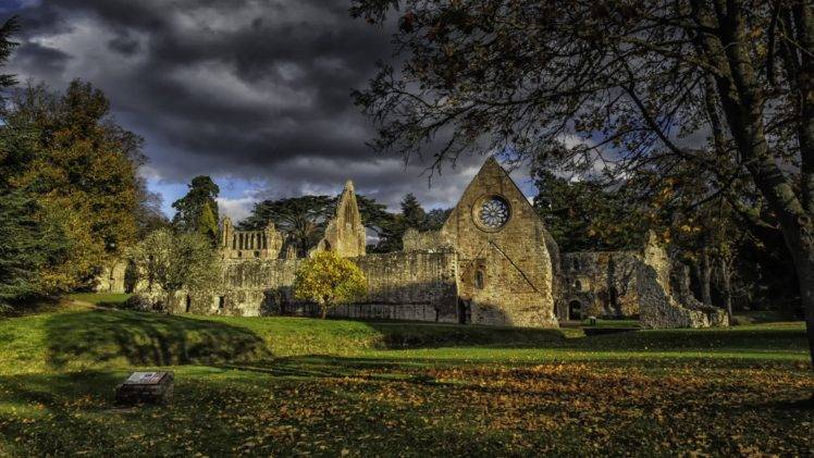 architecture, House, Town, Old, Old building, Scotland, UK, Trees, Clouds, Field, Grass, Stone house, Church, Ruins, HDR, Leaves, Fall, Shadow, History HD Wallpaper Desktop Background