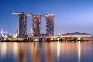 Singapore, Building, Skyscraper, Evening, Lights, City lights, City, Reflection, Sea