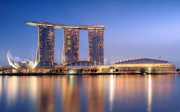 Singapore, Building, Skyscraper, Evening, Lights, City lights, City, Reflection, Sea HD Wallpaper Desktop Background