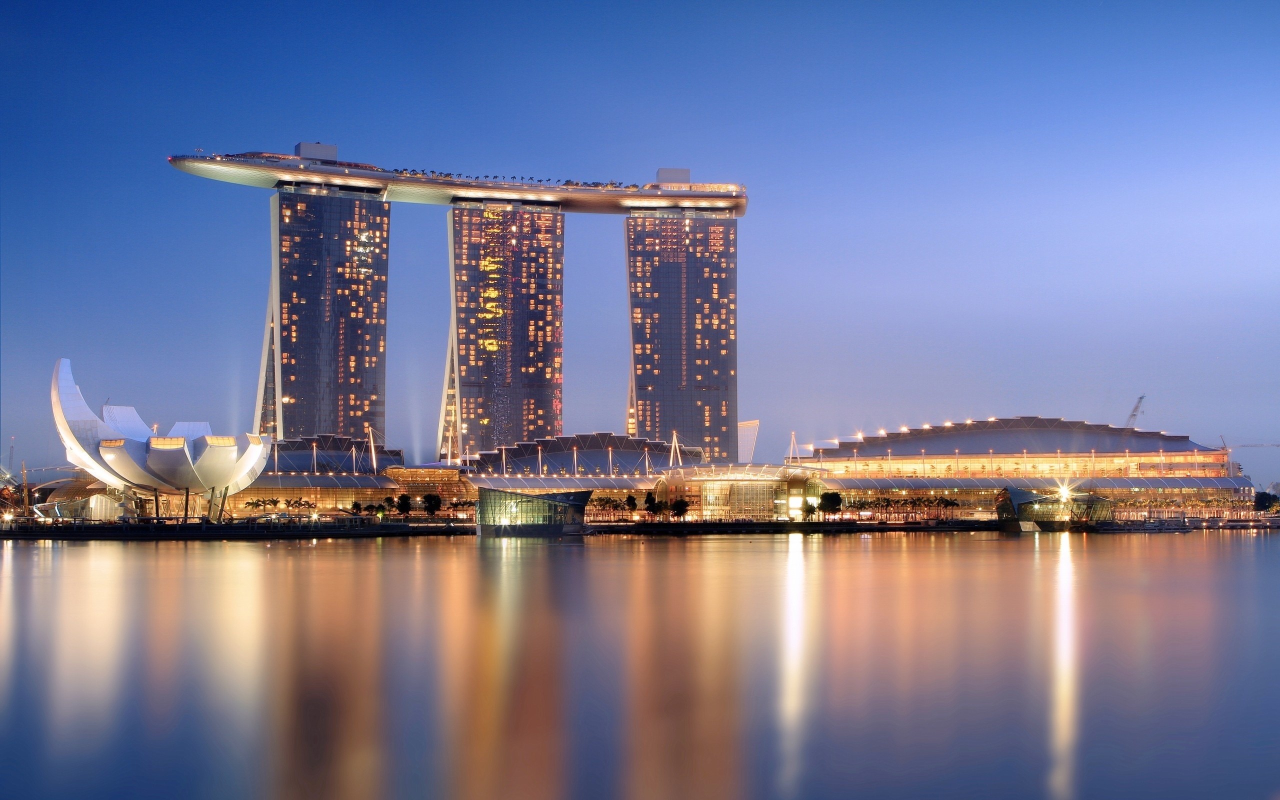 Singapore, Building, Skyscraper, Evening, Lights, City lights, City, Reflection, Sea Wallpaper