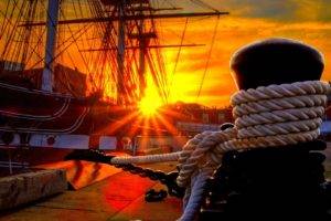 ship, Sailing ship, Sun, Sun rays, Ropes, Shipyard, Clouds, House, Wood, Building, HDR, Harbor