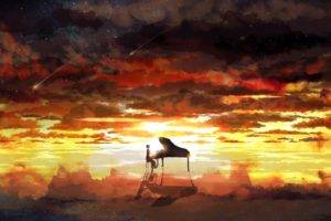 piano, Rising sun, Sky, Stars