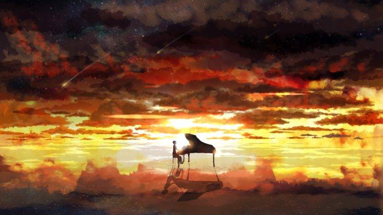piano, Rising sun, Sky, Stars HD Wallpaper Desktop Background