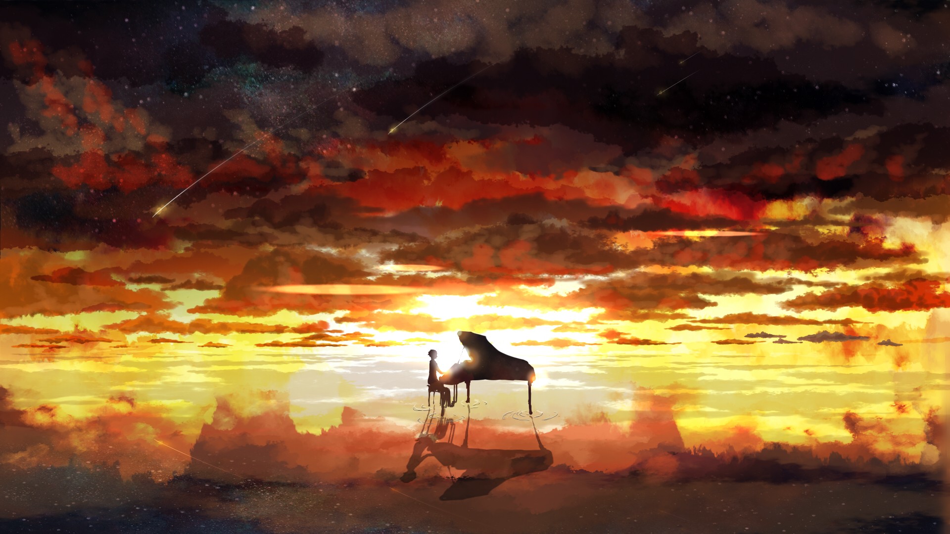 piano, Rising sun, Sky, Stars Wallpaper