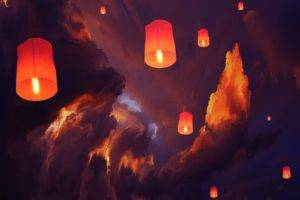 lantern, Sky lanterns, Clouds, Artwork, Floating