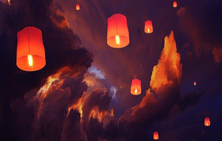 lantern, Sky lanterns, Clouds, Artwork, Floating HD Wallpaper Desktop Background
