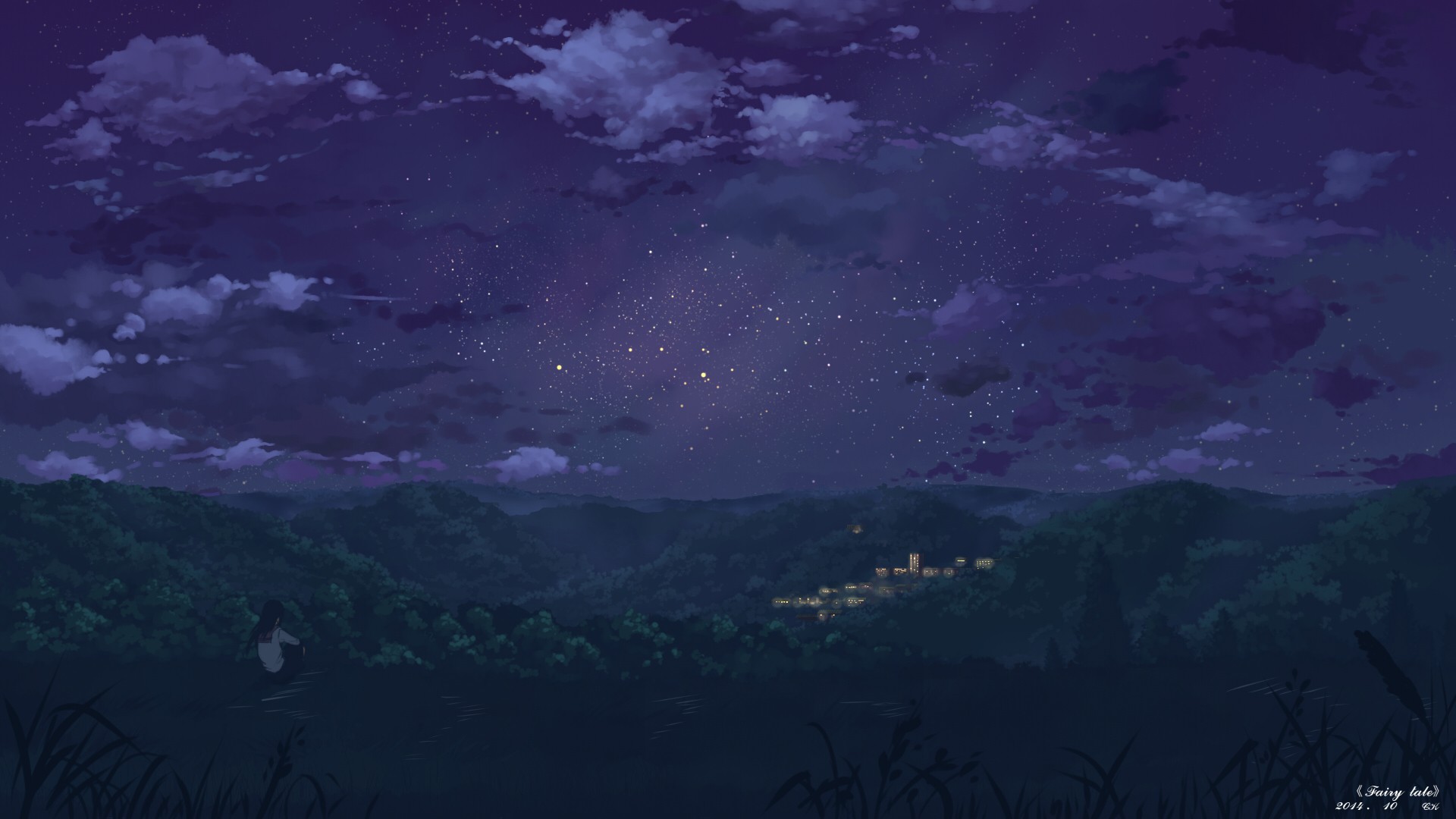 anime, Night, Landscape, Stars Wallpaper
