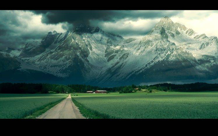 road, Grass, Village, Snow, Sky, Field, Trees HD Wallpaper Desktop Background