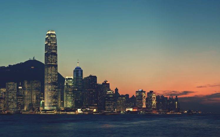 photography, Sea, Water, Urban, City, Building, Cityscape, Hong Kong, Sunset HD Wallpaper Desktop Background