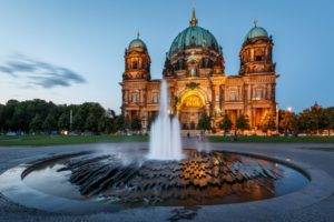 architecture, Castle, Water, Clouds, Berlin, Germany, Fountain, Cathedral, Trees, Field, Dome, Sculpture, Long exposure, Lights
