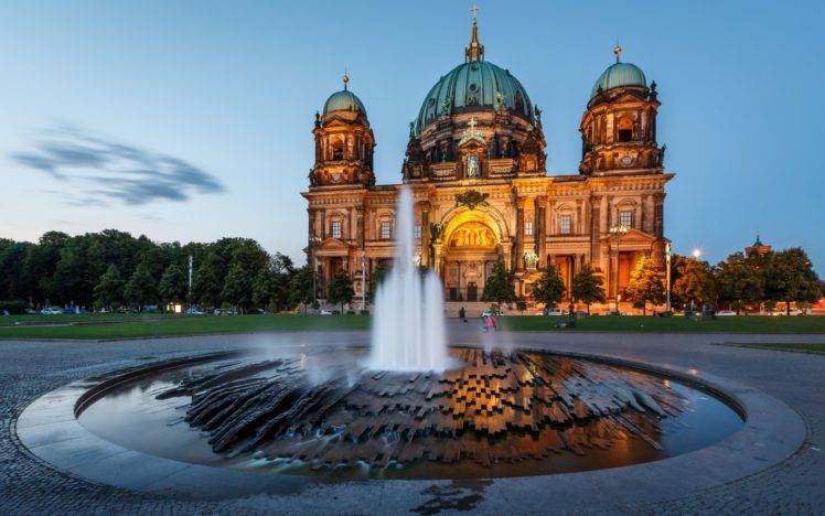 architecture, Castle, Water, Clouds, Berlin, Germany, Fountain, Cathedral, Trees, Field, Dome, Sculpture, Long exposure, Lights HD Wallpaper Desktop Background