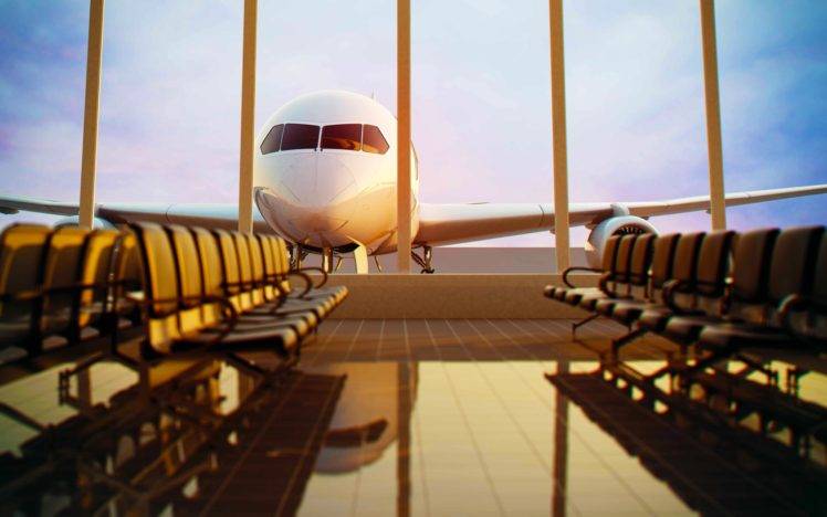 airplane, Passenger aircraft, Chair, Airport, Empty, Window, Tiles, Clouds, Reflection, Sunlight HD Wallpaper Desktop Background