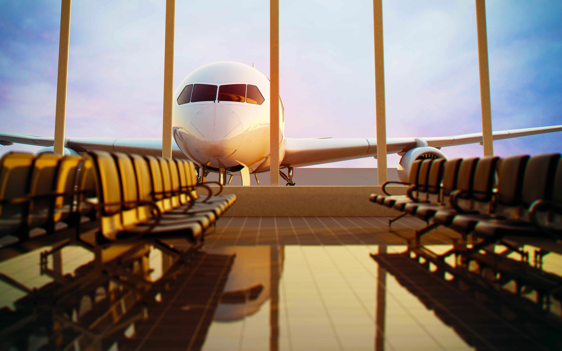 airplane, Passenger aircraft, Chair, Airport, Empty, Window, Tiles, Clouds, Reflection, Sunlight Wallpaper