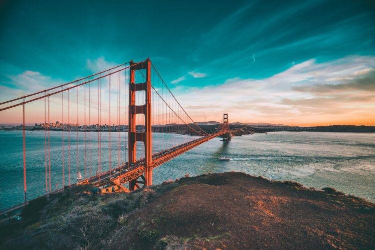 sky, Clouds, Bridge, San Francisco, River, Sea, Rock, Golden gate HD Wallpaper Desktop Background