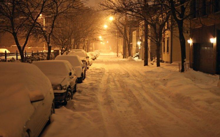 photography, Night, Winter, Street, City, Urban, Snow, Street light HD Wallpaper Desktop Background