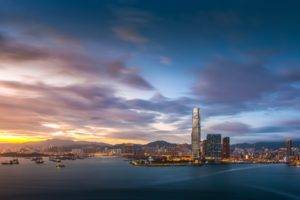 architecture, Building, Skyscraper, City, Cityscape, Urban, Clouds, Hong Kong, China, Water, Sea, Ship, Evening, Sunset, Harbor, Long exposure, Hill, Lights