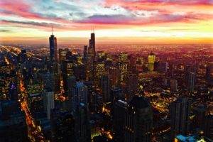 Chicago, USA, City, Skyscraper, Building, Sky, Sunset, Lights