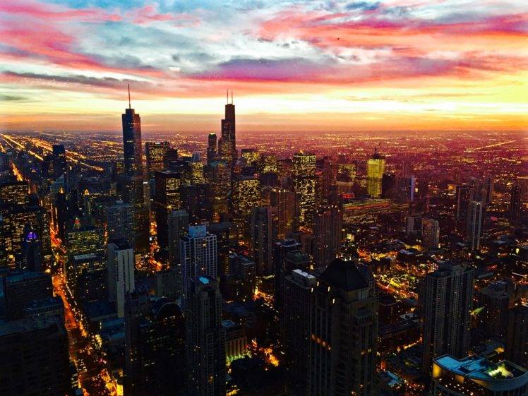 Chicago, USA, City, Skyscraper, Building, Sky, Sunset, Lights HD Wallpaper Desktop Background