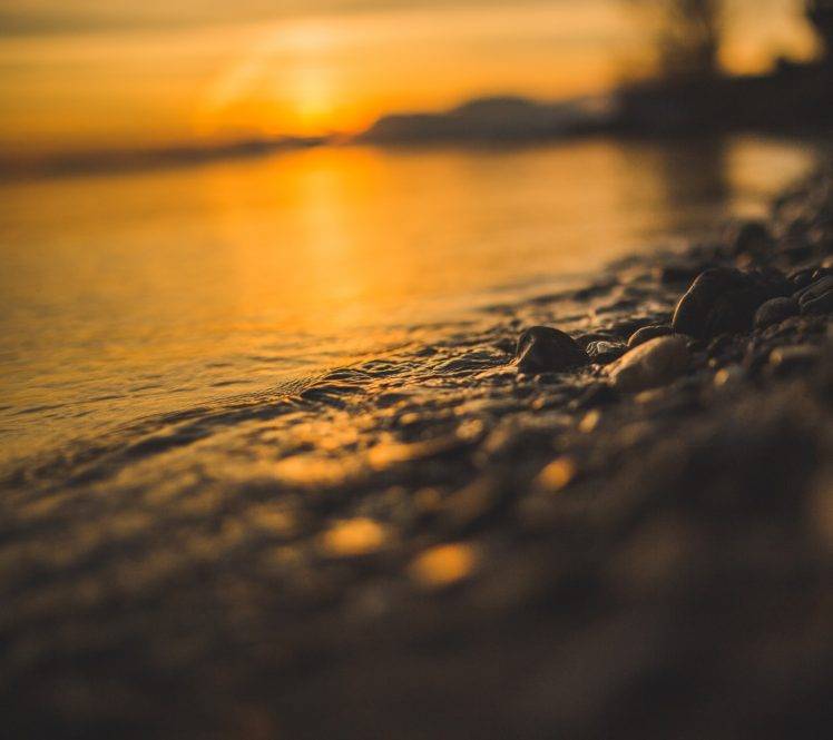 shore, Water, Sand, Rock, Sunset HD Wallpaper Desktop Background